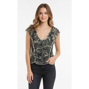 Free People Oh My Baby Tee XS Sand Floral Mesh Boho Ruffle V-Neck Top OB1934008